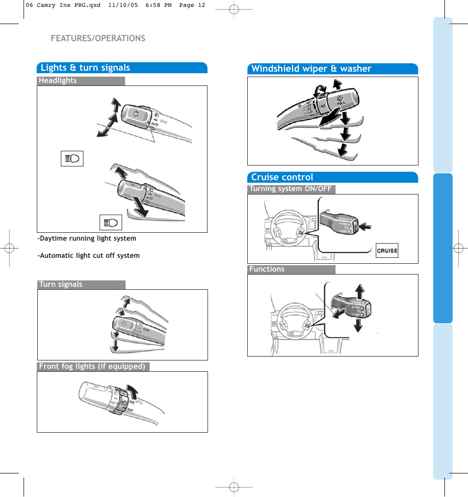 Windshield wiper & washer cruise control, Lights & turn signals, Features/operations | TOYOTA CAMRY 2006 User Manual | Page 9 / 13