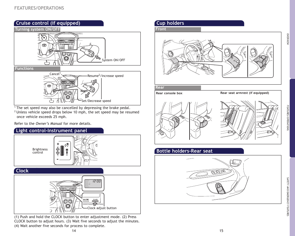 Cruise control (if equipped), Clock, Light control-instrument panel | Cup holders, Bottle holders-rear seat, Features/operations, Turning system on/off functions | TOYOTA 2009 Yaris Sedan User Manual | Page 10 / 13