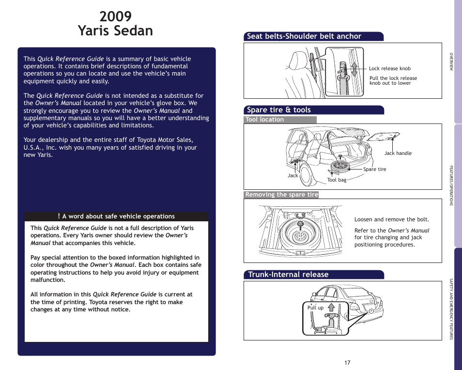 2009 yaris sedan, Spare tire & tools, Trunk-internal release | Seat belts-shoulder belt anchor | TOYOTA 2009 Yaris Sedan User Manual | Page 12 / 13