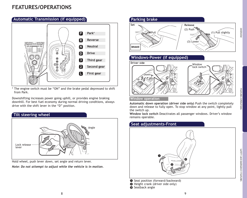 Features/operations, Automatic transmission (if equipped), Tilt steering wheel | Seat adjustments-front, Parking brake windows-power (if equipped) | TOYOTA 2009 Yaris Sedan User Manual | Page 7 / 13