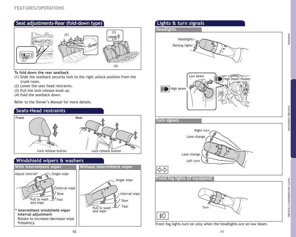 Seats-head restraints, Seat adjustments-rear (fold-down type), Lights & turn signals | Windshield wipers & washers, Features/operations | TOYOTA 2009 Yaris Sedan User Manual | Page 8 / 13