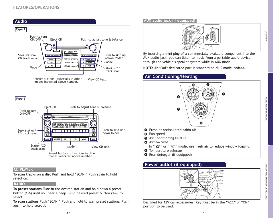 Audio, Air conditioning/heating, Power outlet (if equipped) | Features/operations | TOYOTA 2009 Yaris Sedan User Manual | Page 9 / 13