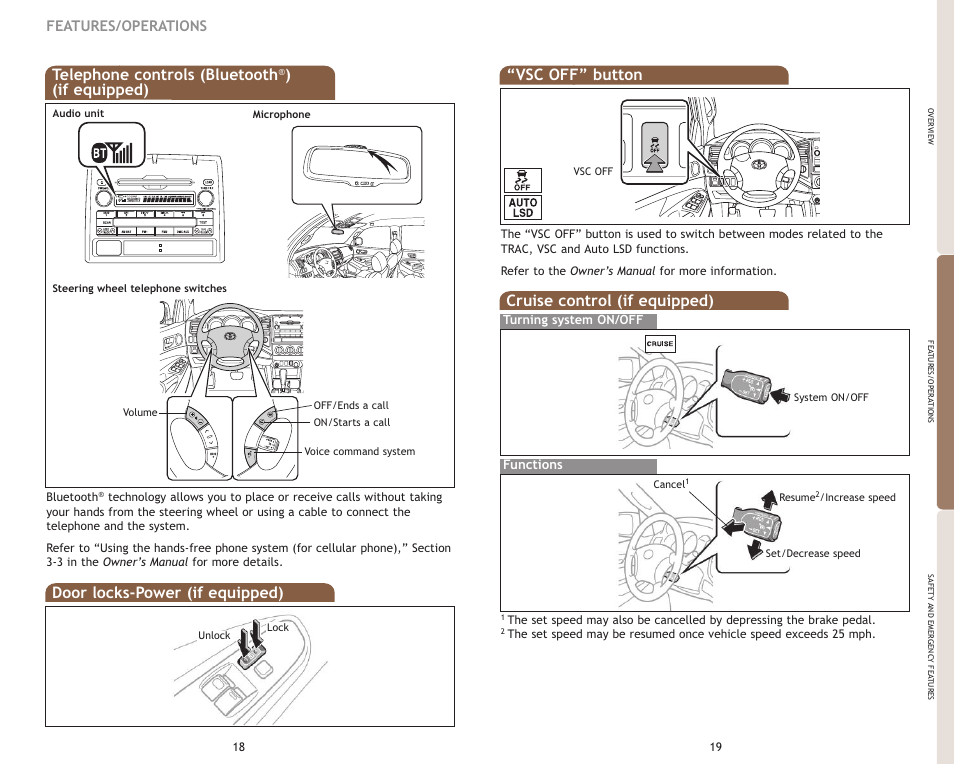 Door locks-power (if equipped), Cruise control (if equipped), Telephone controls (bluetooth | If equipped), Vsc off” button, Features/operations, Using the hands-free phone system, Functions | TOYOTA 2009 Tacoma User Manual | Page 12 / 15