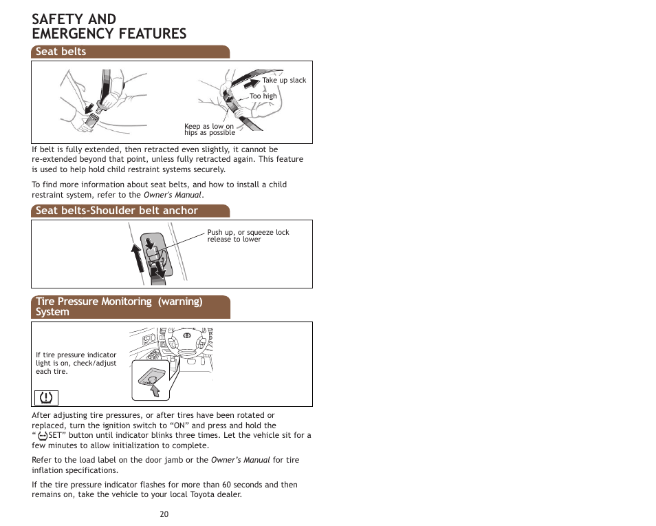 Safety and emergency features | TOYOTA 2009 Tacoma User Manual | Page 13 / 15