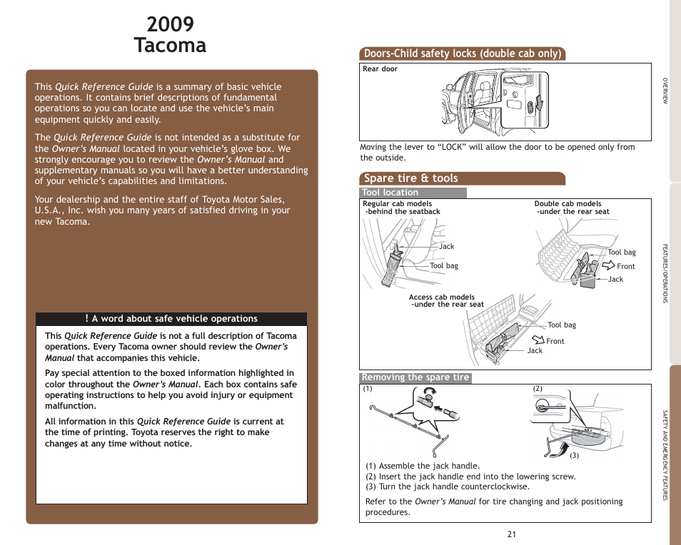 2009 tacoma, Spare tire & tools, Doors-child safety locks (double cab only) | TOYOTA 2009 Tacoma User Manual | Page 2 / 15