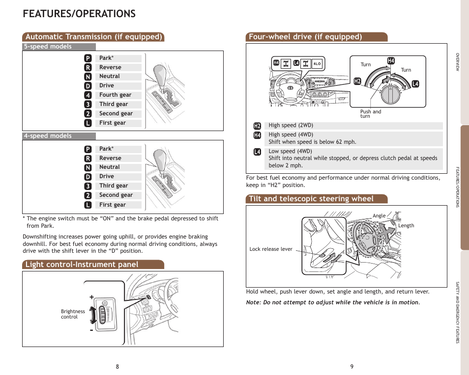 Features/operations, Automatic transmission (if equipped), Four-wheel drive (if equipped) | Tilt and telescopic steering wheel, Light control-instrument panel | TOYOTA 2009 Tacoma User Manual | Page 7 / 15
