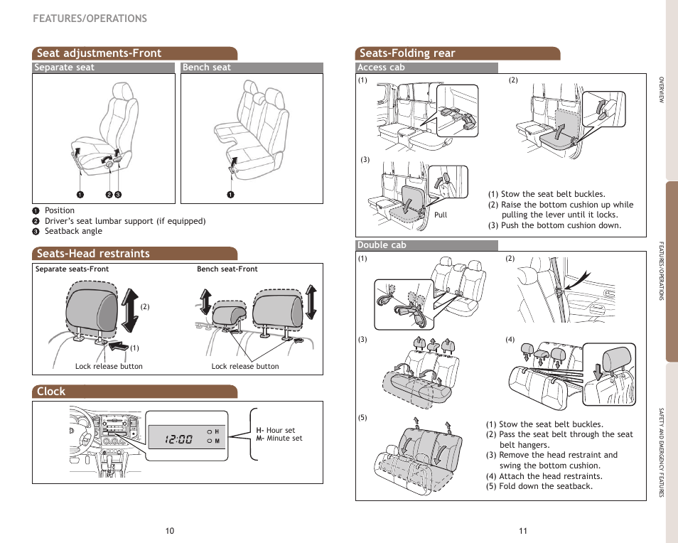 Seat adjustments-front, Seats-head restraints, Clock | Seats-folding rear, Features/operations, Rear seats (access cab and double cab models), Separate seat bench seat, Access cab double cab | TOYOTA 2009 Tacoma User Manual | Page 8 / 15