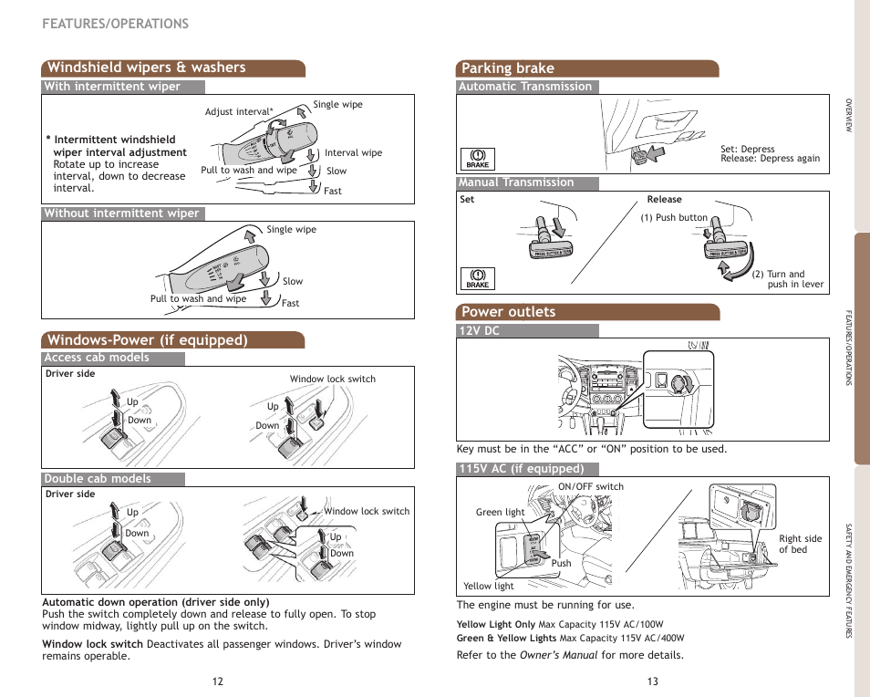 Windshield wipers & washers, Windows-power (if equipped), Parking brake | Power outlets power outlet (12v dc), Features/operations | TOYOTA 2009 Tacoma User Manual | Page 9 / 15
