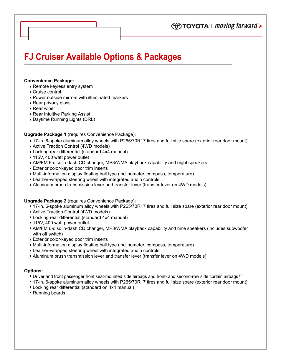 07 // fj cruiser, Fj cruiser available options & packages | TOYOTA Cruiser 07 FJ User Manual | Page 6 / 14