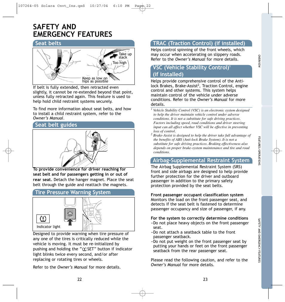 Safety and emergency features, Seat belt guides, Seat belts trac (traction control) (if installed) | Tire pressure warning system, Vsc (vehicle stability control), If installed), Airbag-supplemental restraint system | TOYOTA 2005 User Manual | Page 14 / 15