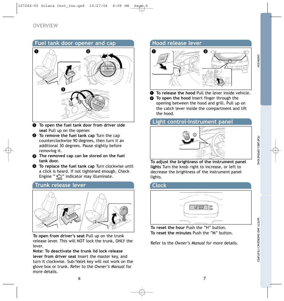 Fuel tank door opener and cap, Hood release lever, Trunk release lever | Light control-instrument panel, Clock, Overview | TOYOTA 2005 User Manual | Page 6 / 15