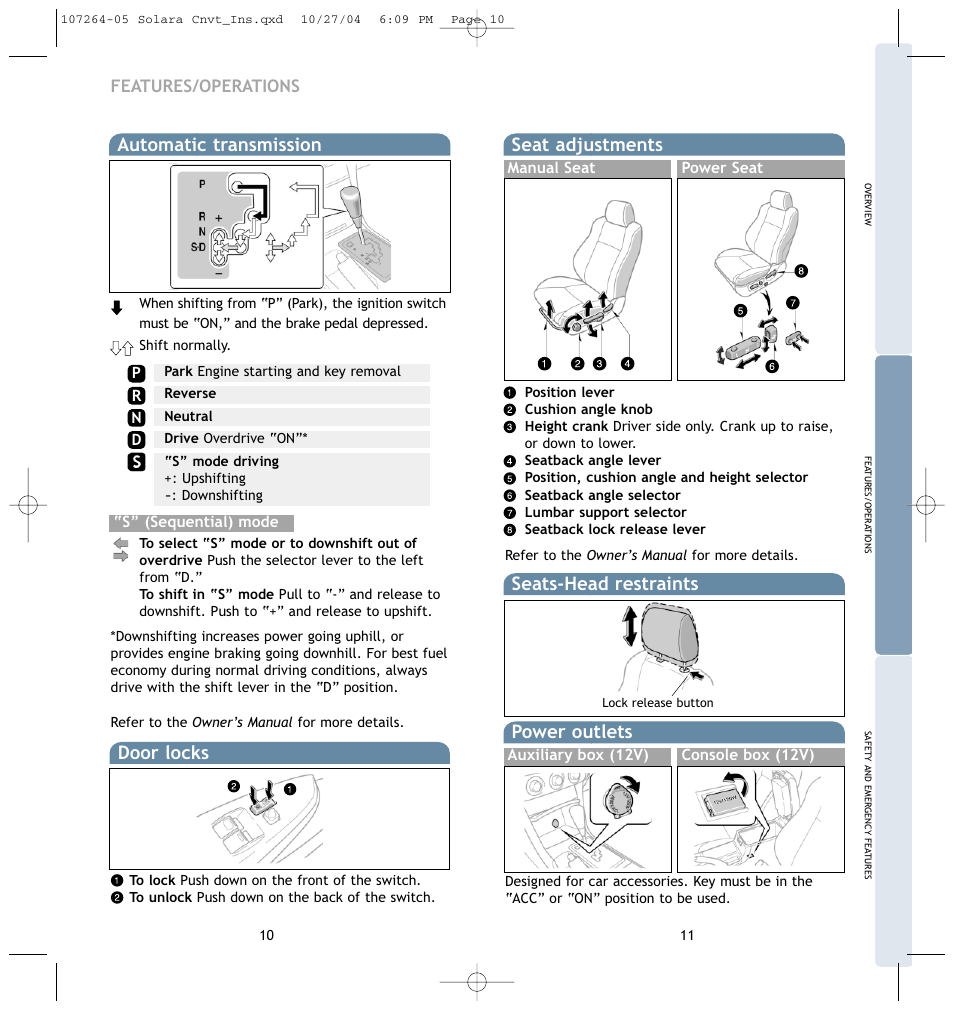 Seat adjustments, Seats-head restraints, Automatic transmission | Power outlets, Door locks, Features/operations | TOYOTA 2005 User Manual | Page 8 / 15