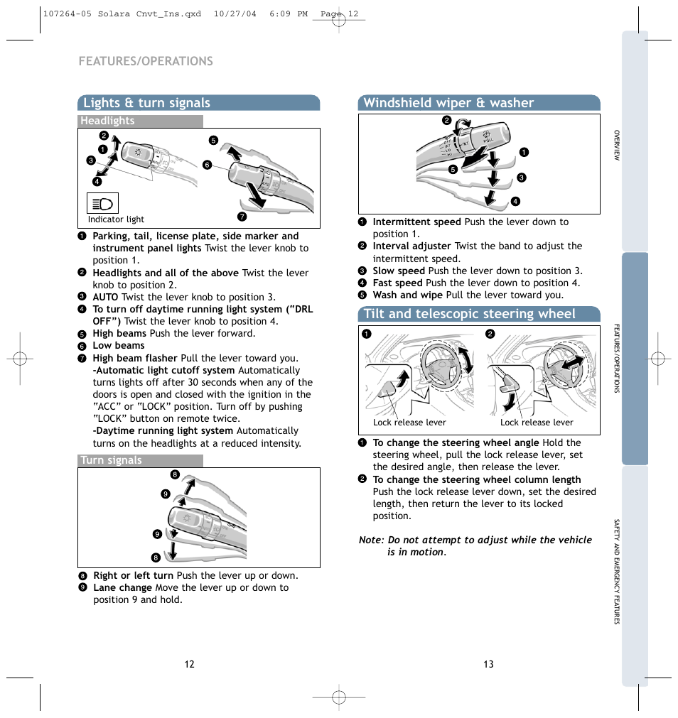 Tilt and telescopic steering wheel, Lights & turn signals, Windshield wiper & washer | Features/operations | TOYOTA 2005 User Manual | Page 9 / 15