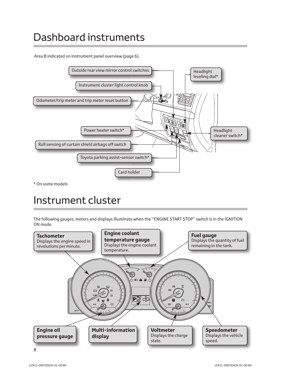 Instrument cluster, Dashboard instruments, Tachometer | Engine coolant temperature gauge, Multi-information display voltmeter, Speedometer, Fuel gauge, Engine oil pressure gauge | TOYOTA LAND CRUISER V8 User Manual | Page 10 / 20