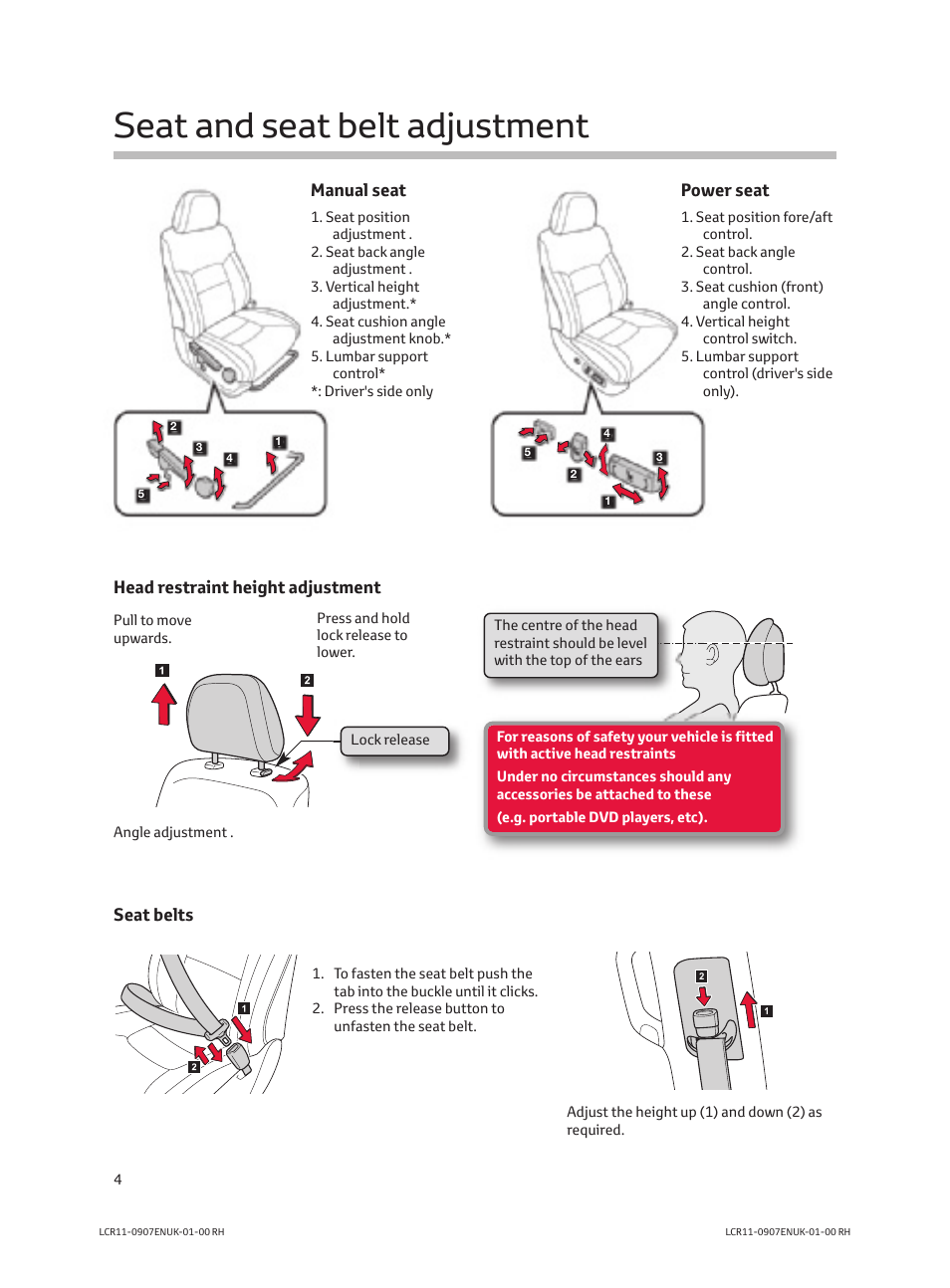 Seat and seat belt adjustment | TOYOTA LAND CRUISER V8 User Manual | Page 6 / 20