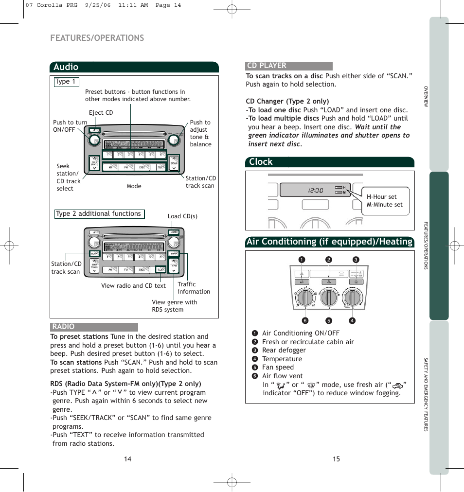 Clock, Air conditioning (if equipped)/heating audio, Features/operations | TOYOTA Corolla 2007 User Manual | Page 10 / 12