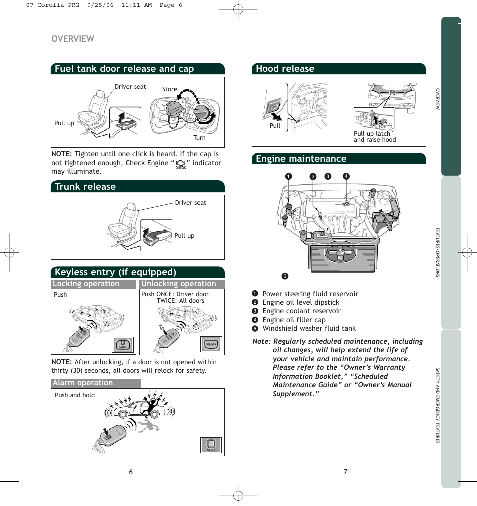 Keyless entry (if equipped), Engine maintenance, Overview | TOYOTA Corolla 2007 User Manual | Page 6 / 12