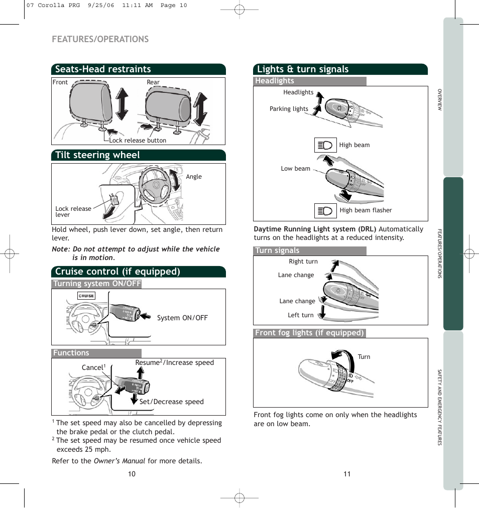 Seats-head restraints, Tilt steering wheel lights & turn signals, Cruise control (if equipped) | Features/operations | TOYOTA Corolla 2007 User Manual | Page 8 / 12