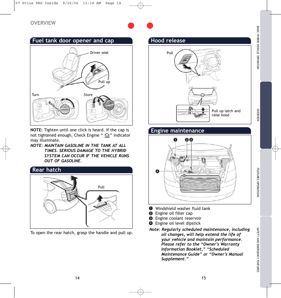 Hood release engine maintenance, Rear hatch, Fuel tank door opener and cap | Overview | TOYOTA Prius 2007 User Manual | Page 10 / 17