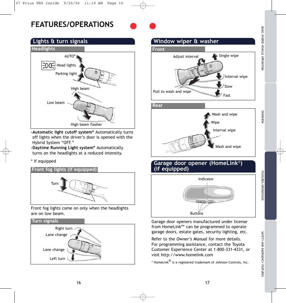 Features/operations, Garage door opener (homelink, If equipped) | Lights & turn signals, Window wiper & washer | TOYOTA Prius 2007 User Manual | Page 11 / 17