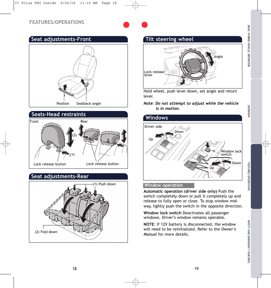 Windows, Seats-head restraints, Seat adjustments-front seat adjustments-rear | Tilt steering wheel, Features/operations, Window operation | TOYOTA Prius 2007 User Manual | Page 12 / 17