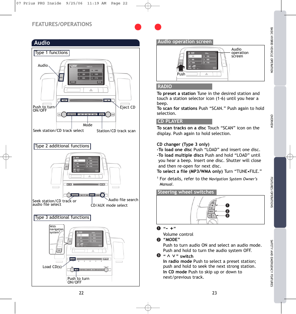Audio, Features/operations | TOYOTA Prius 2007 User Manual | Page 14 / 17