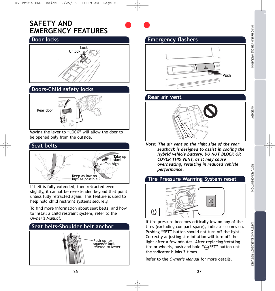 Safety and emergency features, Emergency flashers, Rear air vent | Seat belts, Tire pressure warning system reset | TOYOTA Prius 2007 User Manual | Page 16 / 17
