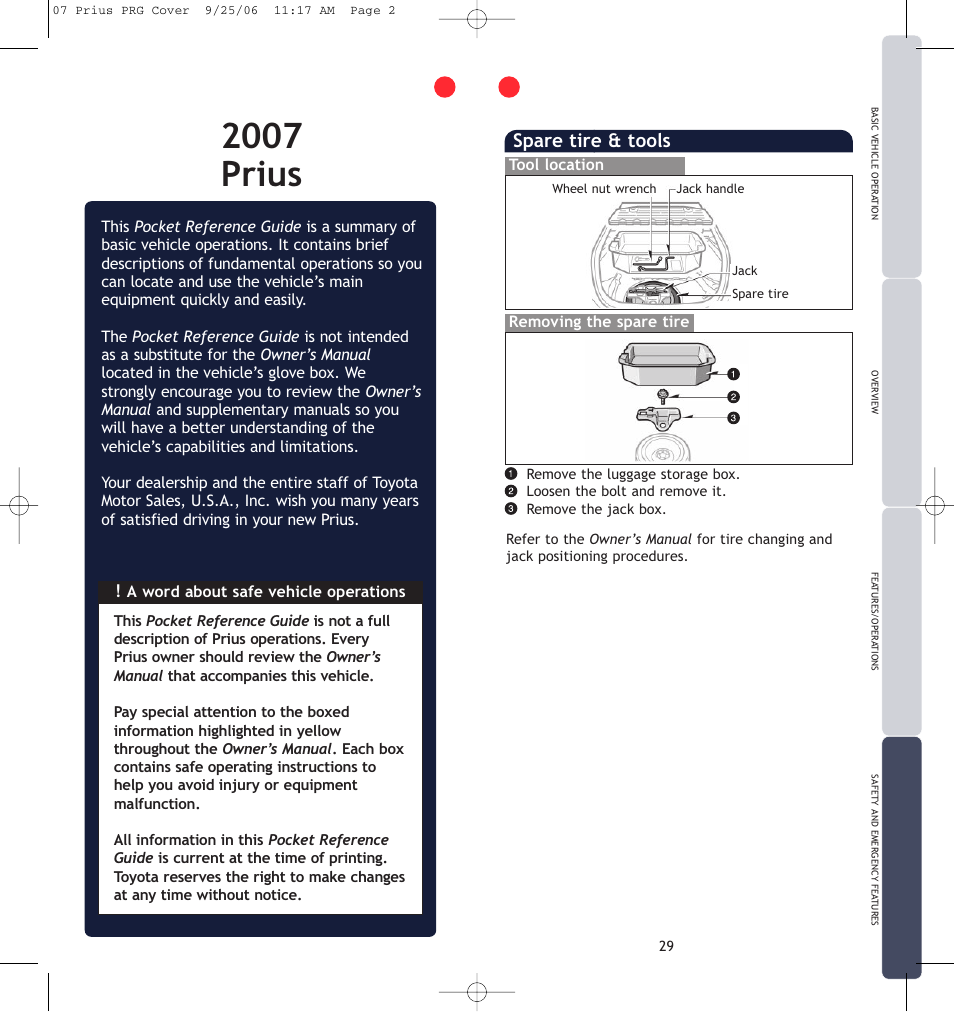 2007 prius, Spare tire & tools | TOYOTA Prius 2007 User Manual | Page 2 / 17