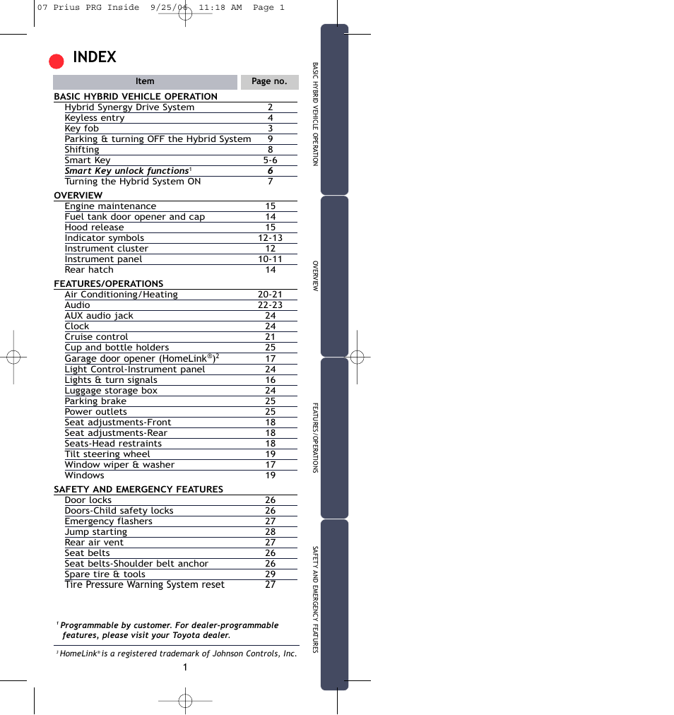 Index | TOYOTA Prius 2007 User Manual | Page 3 / 17