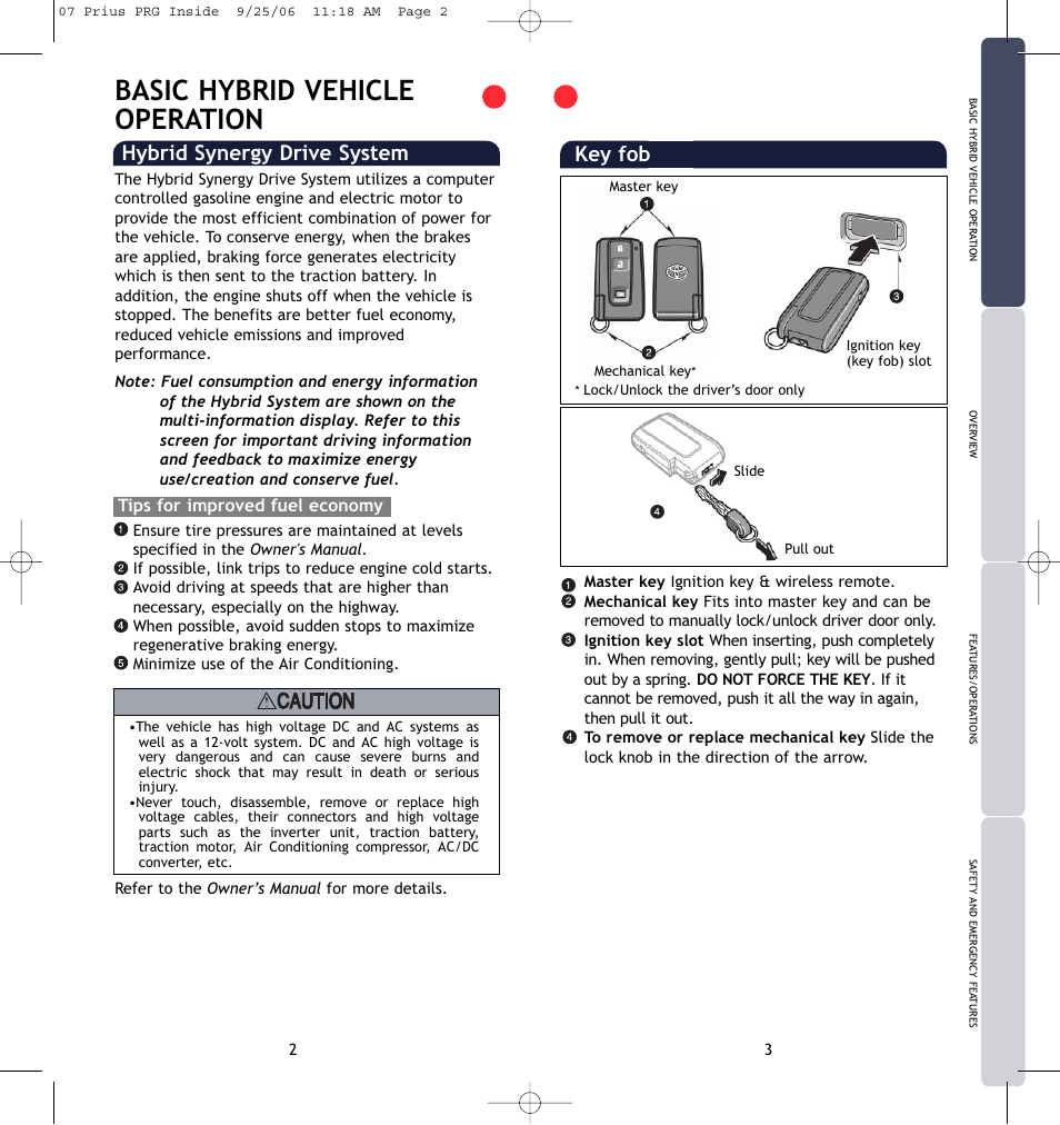 Basic hybrid vehicle operation, Key fob, Hybrid synergy drive system | TOYOTA Prius 2007 User Manual | Page 4 / 17