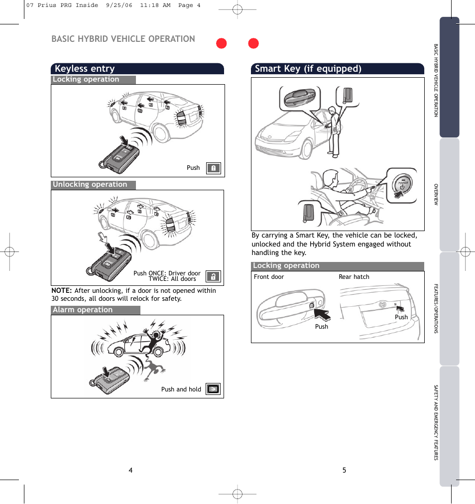 Smart key (if equipped), Keyless entry, Basic hybrid vehicle operation | Alarm operation, Locking operation, Locking operation unlocking operation | TOYOTA Prius 2007 User Manual | Page 5 / 17