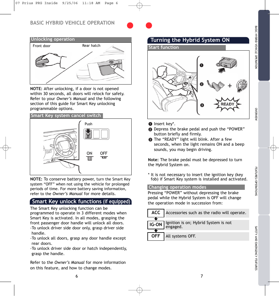 Turning the hybrid system on, Smart key unlock functions (if equipped), Basic hybrid vehicle operation | TOYOTA Prius 2007 User Manual | Page 6 / 17