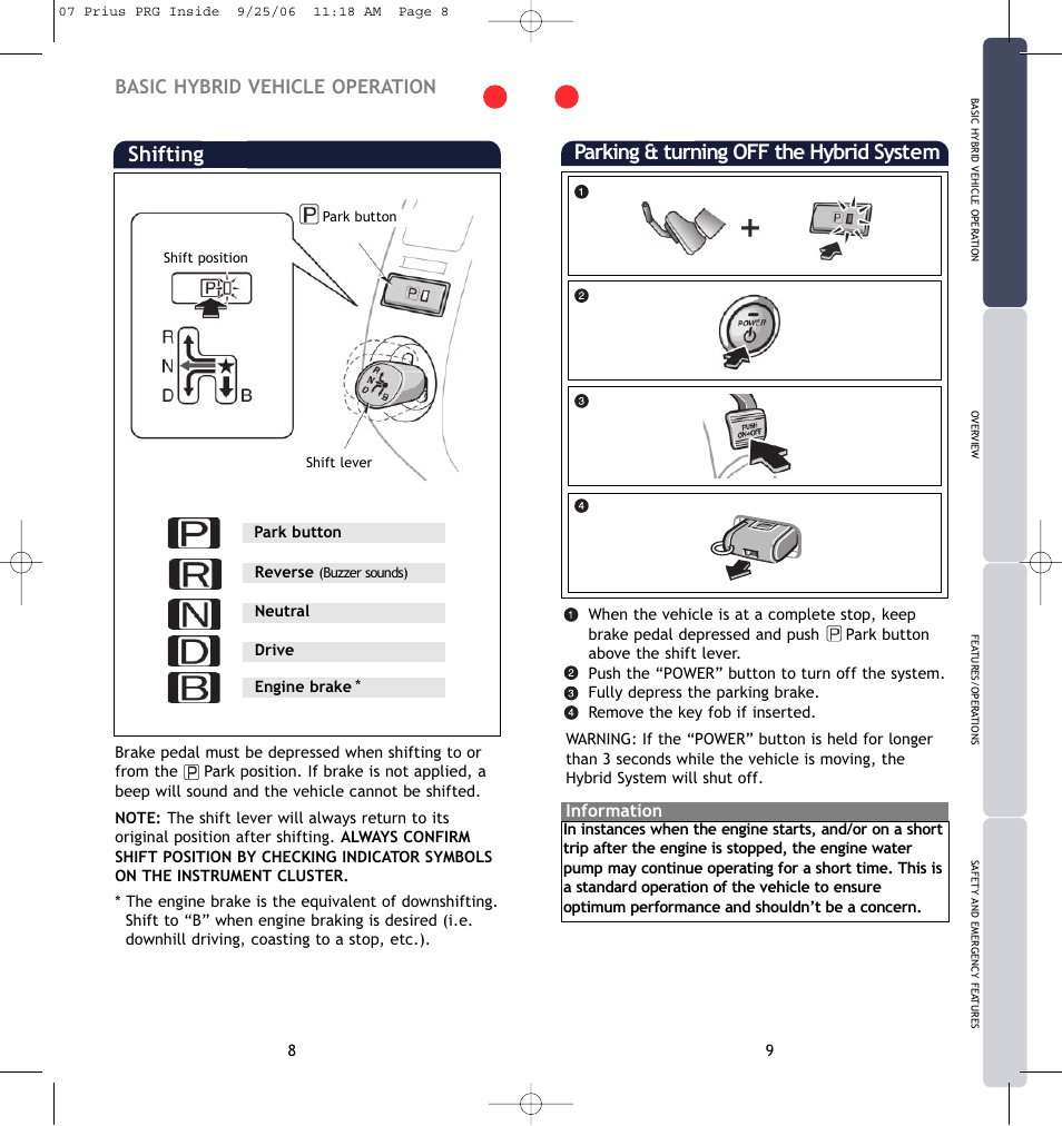 Shifting, Parking & turning off the hybrid system, Basic hybrid vehicle operation | Information | TOYOTA Prius 2007 User Manual | Page 7 / 17