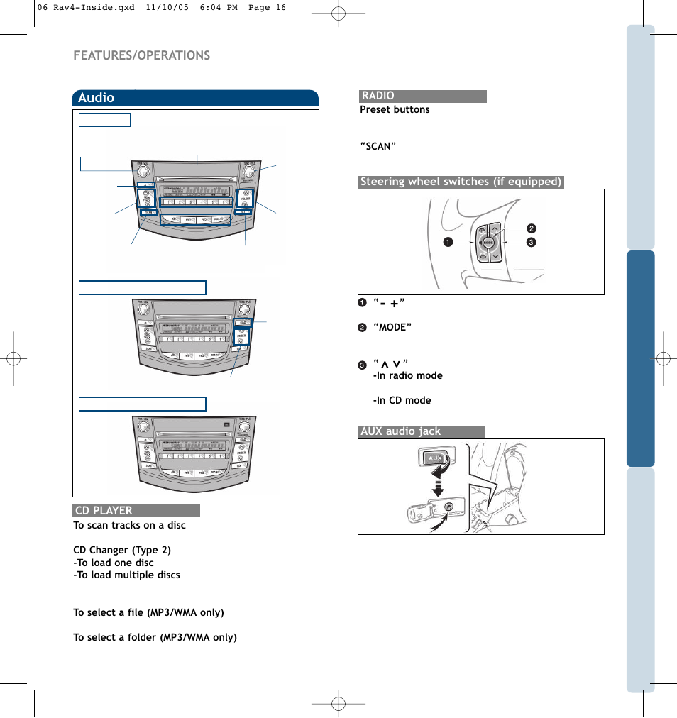 Audio, Features/operations | TOYOTA RAV 4 User Manual | Page 11 / 13