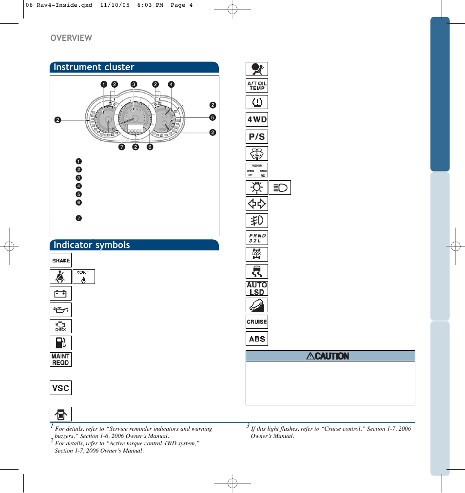 Instrument cluster, Indicator symbols, Overview | TOYOTA RAV 4 User Manual | Page 5 / 13