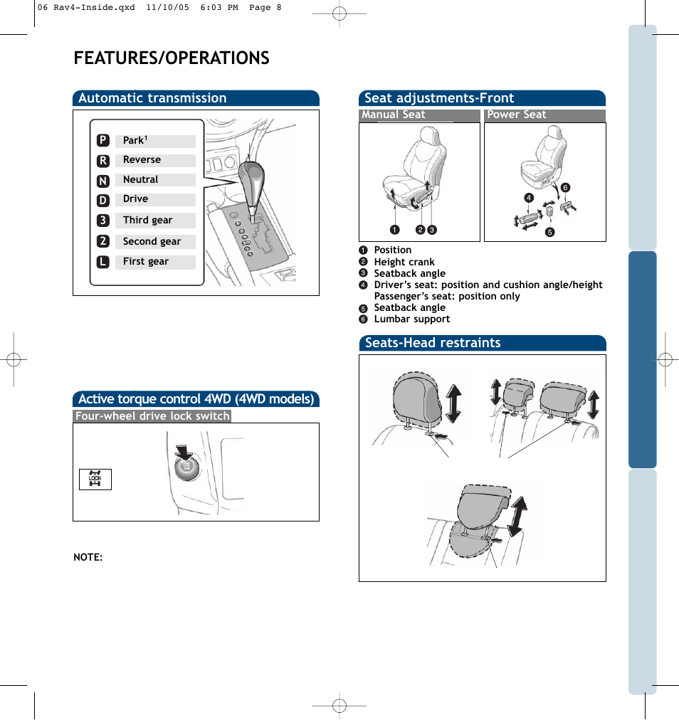 Features/operations, Auto lock functions automatic transmission, Active torque control 4wd (4wd models) | Seat adjustments-front, Seats-head restraints | TOYOTA RAV 4 User Manual | Page 7 / 13