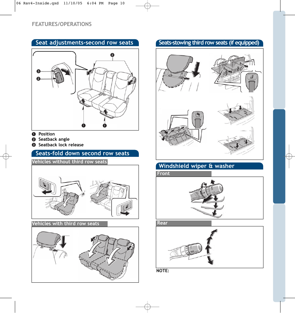 Windshield wiper & washer, Seats-stowing third row seats (if equipped), Features/operations | TOYOTA RAV 4 User Manual | Page 8 / 13