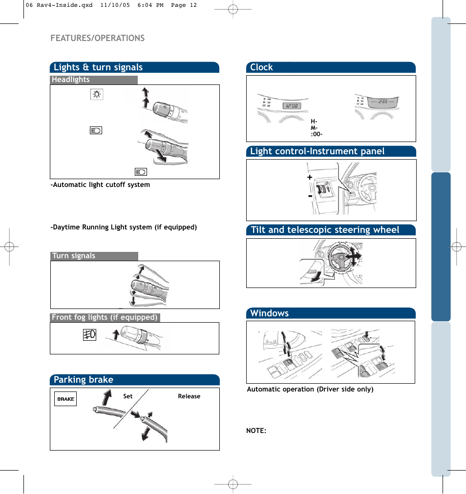 Tilt and telescopic steering wheel, Lights & turn signals, Windows | Clock, Parking brake, Light control-instrument panel, Features/operations | TOYOTA RAV 4 User Manual | Page 9 / 13