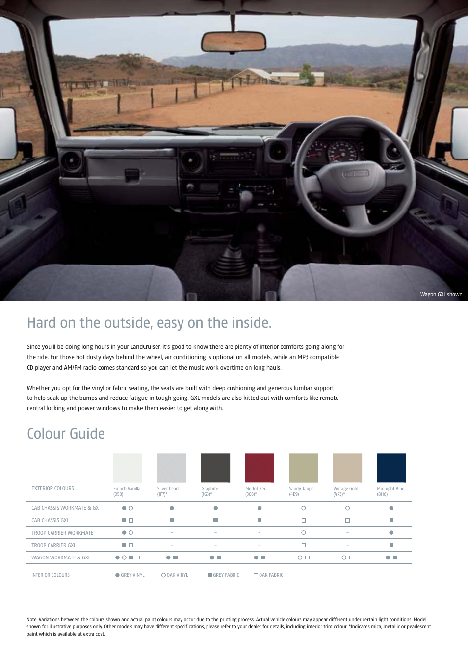 Hard on the outside, easy on the inside, Colour guide | TOYOTA LandCruiser 70 Series User Manual | Page 5 / 5