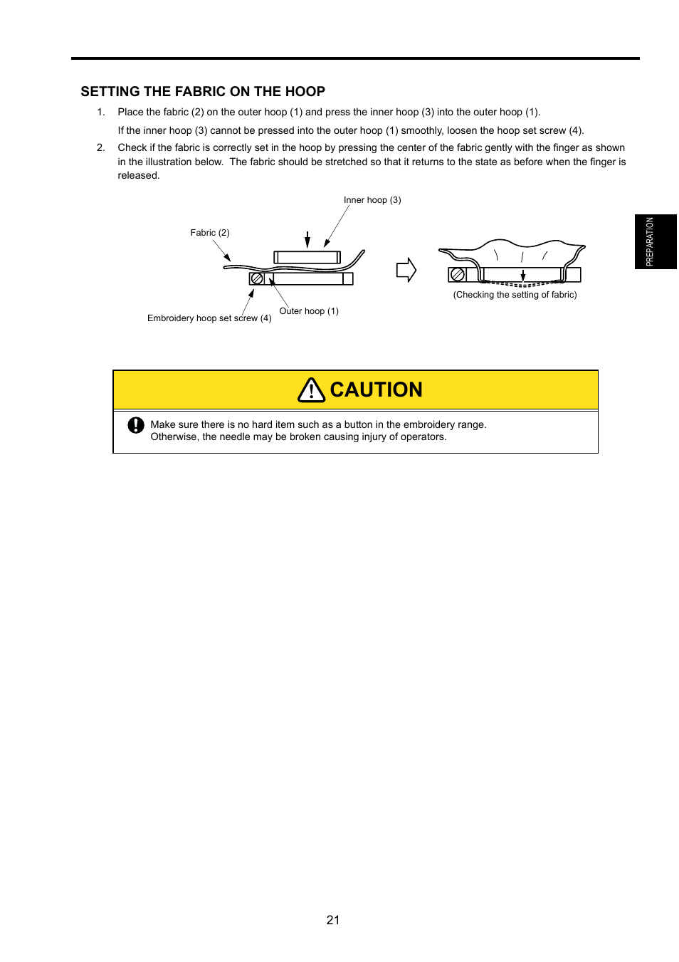 Setting the fabric on the hoop, Caution | TOYOTA EPS9000 User Manual | Page 21 / 101