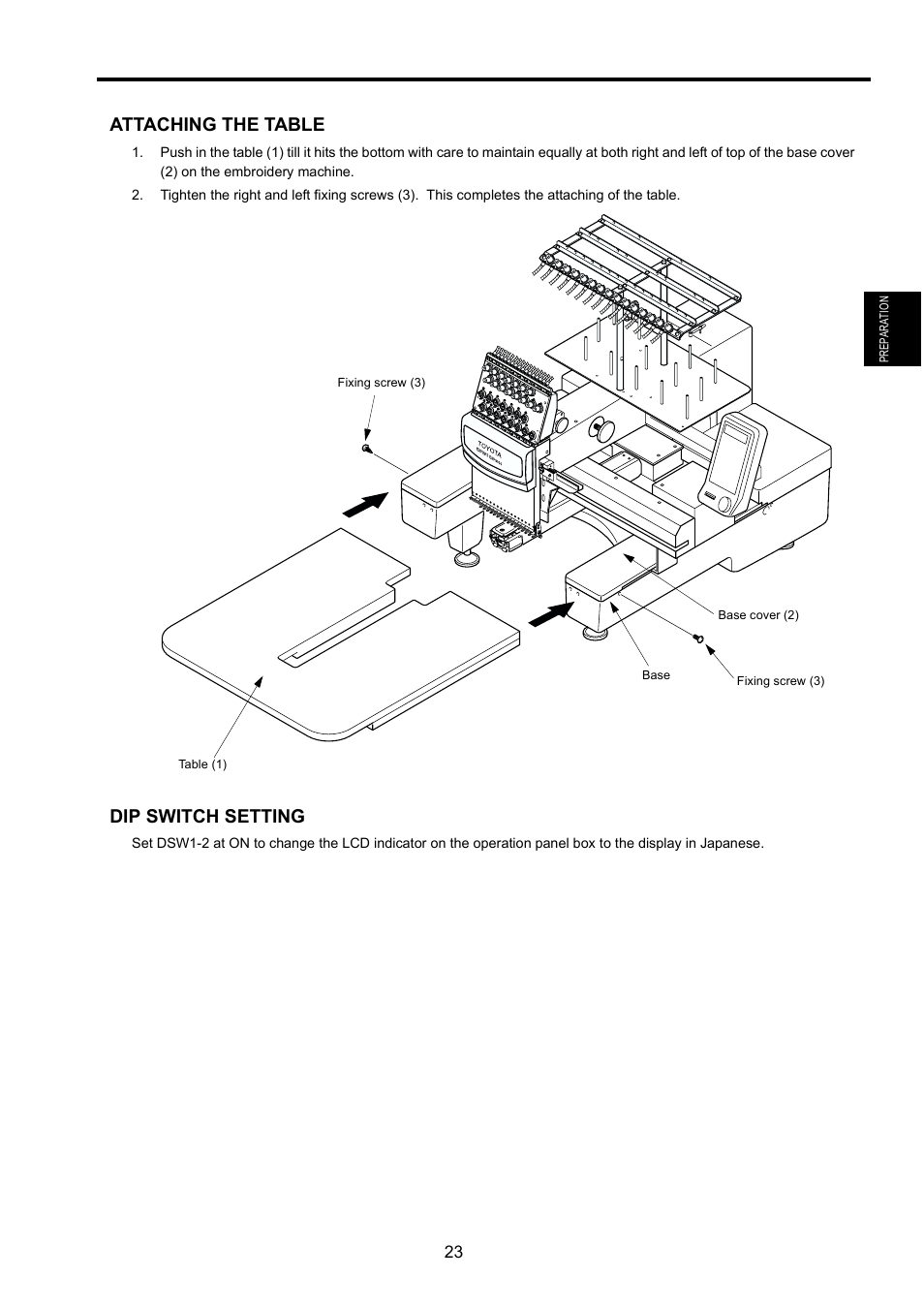 Attaching the table, Dip switch setting | TOYOTA EPS9000 User Manual | Page 23 / 101