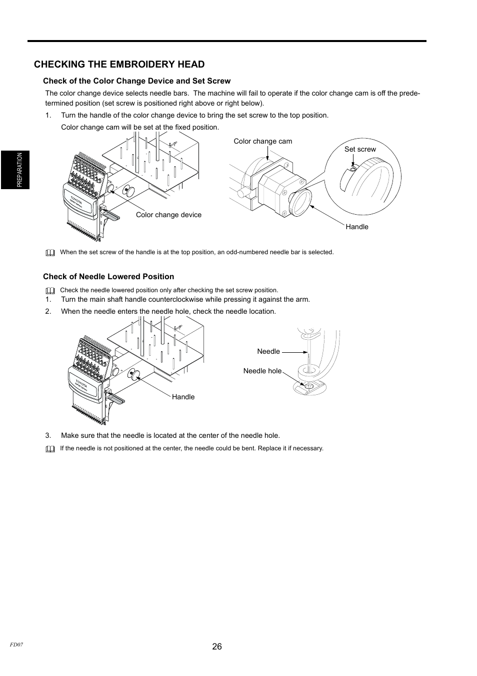 Checking the embroidery head | TOYOTA EPS9000 User Manual | Page 26 / 101