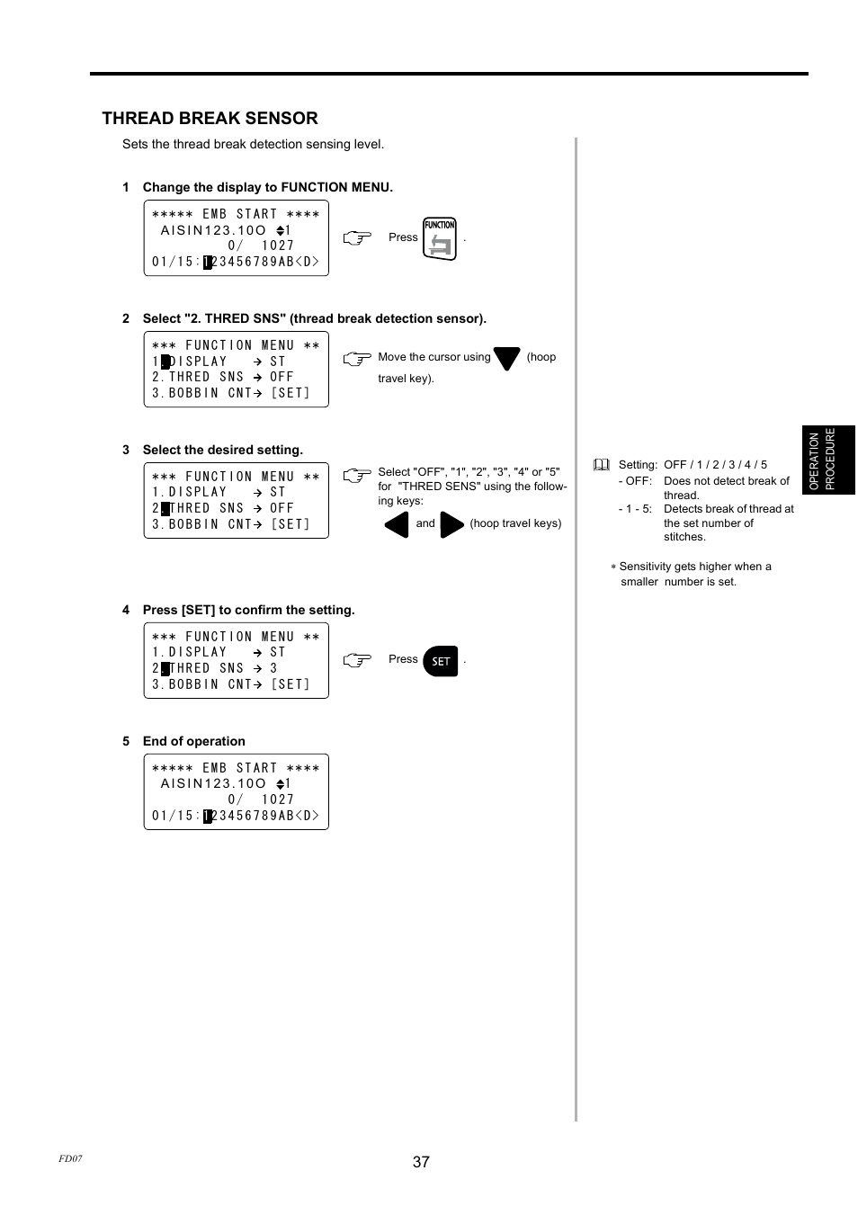 Thread breakage sensor, Thread break sensor | TOYOTA EPS9000 User Manual | Page 37 / 101