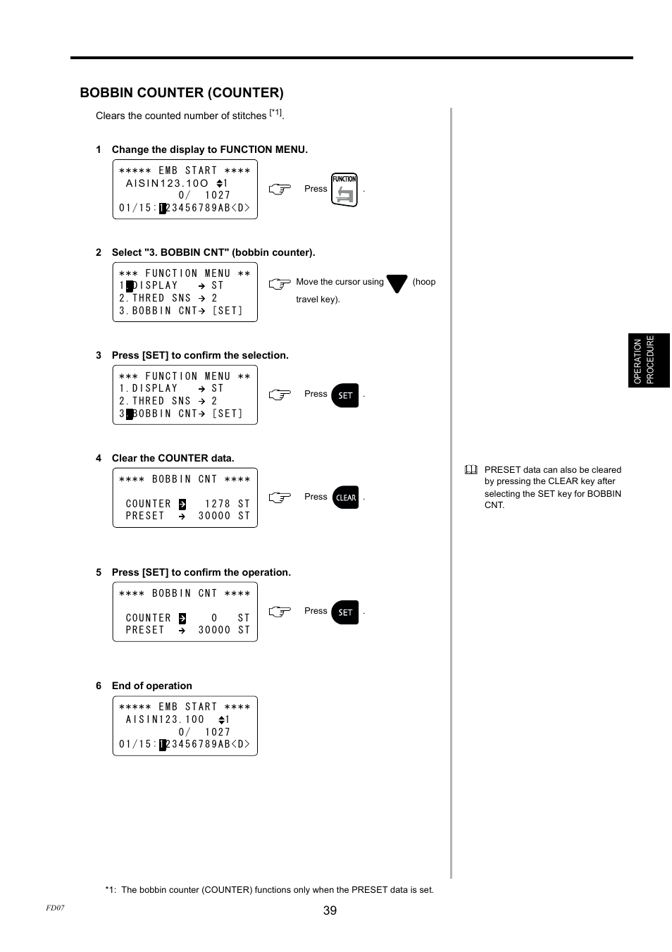Bobbin counter (counter) | TOYOTA EPS9000 User Manual | Page 39 / 101