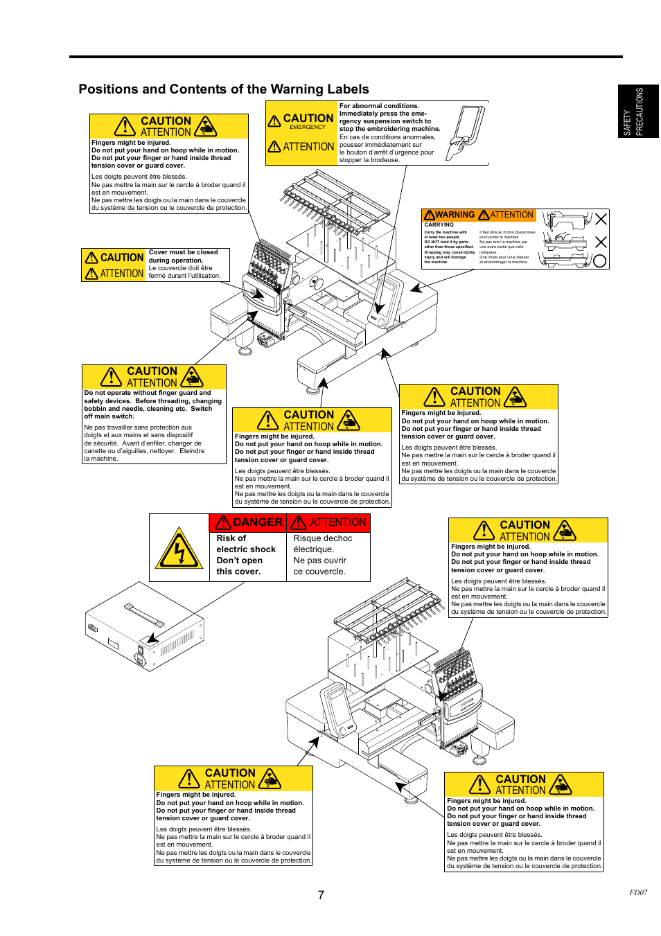 Positions and contents of the warning labels | TOYOTA EPS9000 User Manual | Page 7 / 101