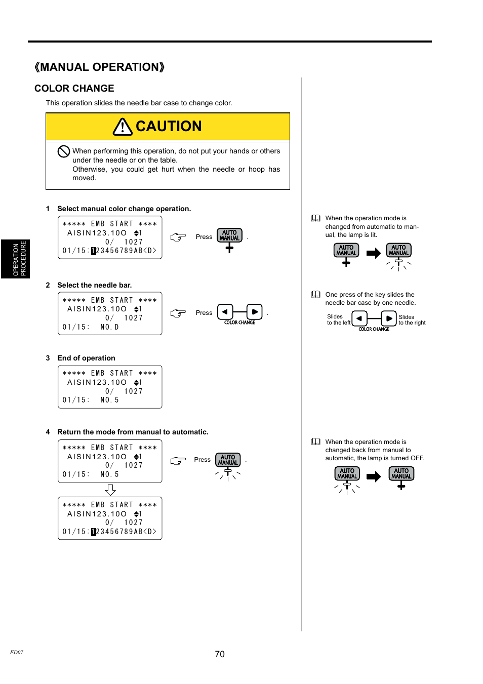 Manual operation, Color change, Caution | TOYOTA EPS9000 User Manual | Page 70 / 101