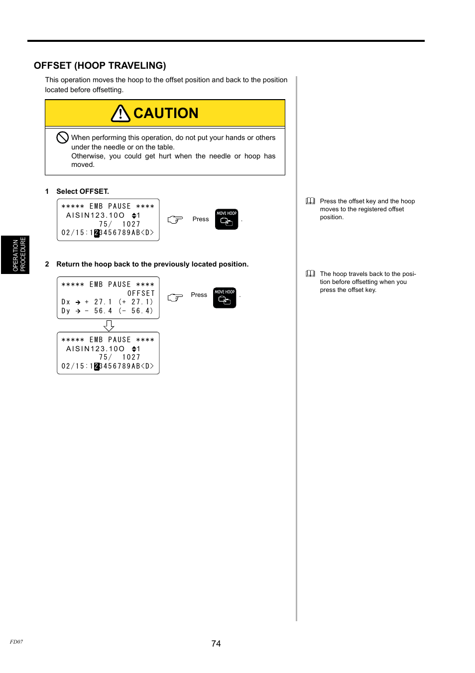 Offset (hoop traveling), Caution | TOYOTA EPS9000 User Manual | Page 74 / 101