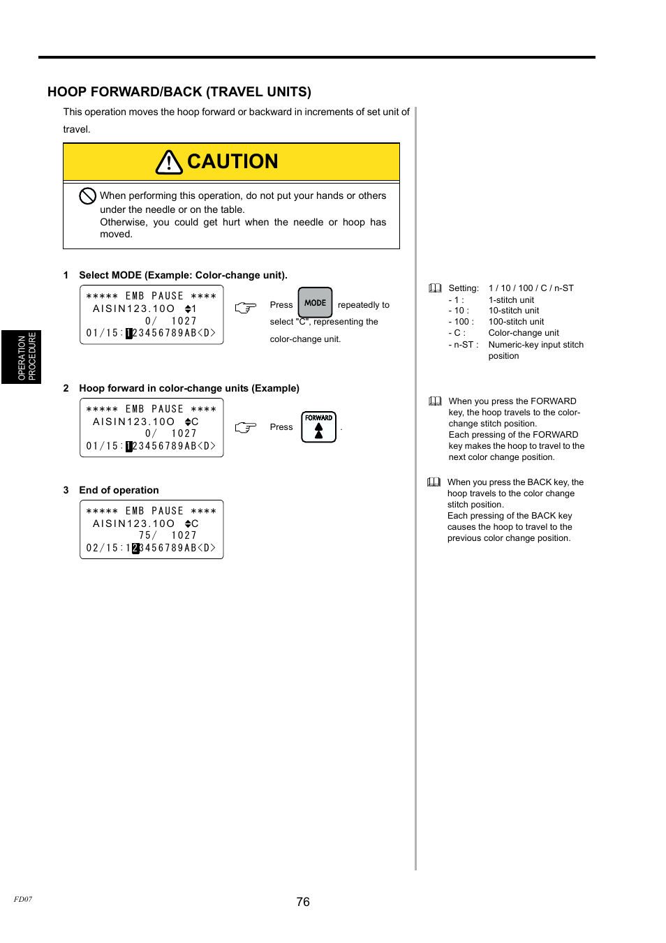 Hoop forward/back (travel units), Caution | TOYOTA EPS9000 User Manual | Page 76 / 101