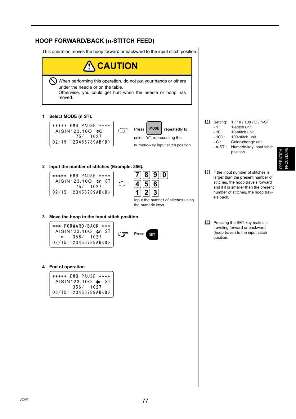 Hoop forward/back (n-stitch feed), Caution | TOYOTA EPS9000 User Manual | Page 77 / 101