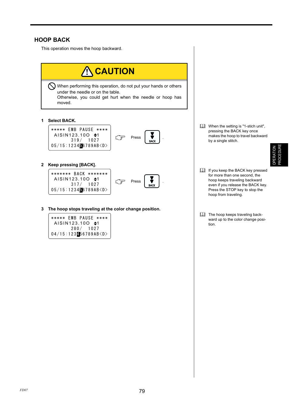 Hoop back, Caution | TOYOTA EPS9000 User Manual | Page 79 / 101